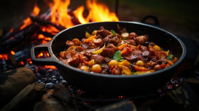 Three Sisters Stew is a dish made from corn, beans and pumpkin. A pot of stew simmering over an open fire. American Indigenous Cuisine.