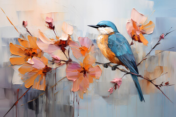 Bird of paradise sits on a branch with beautiful flowers. Oil painting in the style of impressionism.