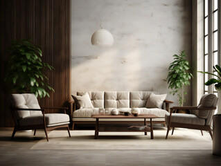 Modern living room with sofa and plants