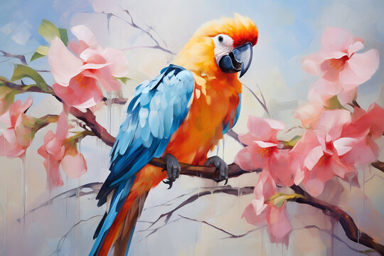 The parrot sits on a branch with beautiful flowers. Oil painting in the style of impressionism.