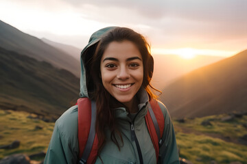 Naklejka premium Portrait of happy woman hiker smiling standing on the top of mountain, adventure woman traveling alone and hiking on the top of mountains in summer vacation trip on weekend