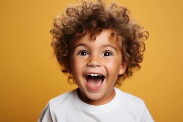 Portrait of cheerful little boy with curly hair in T-shirt smiling funny and carefree, showing front teeth, healthy happy child, positive emotions. indoor studio shot isolated on yellow background