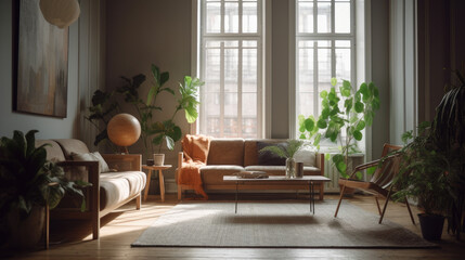 Interior of light living room with sofa and houseplants.