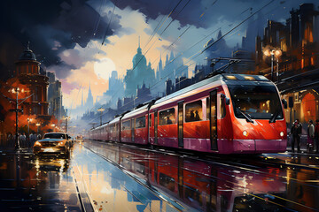 High-speed electric train of the future. Oil painting in the style of impressionism.