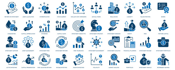 Investment icon set. Containing investor, mutual fund, asset, risk management, economy, financial gain, interest and stock icons