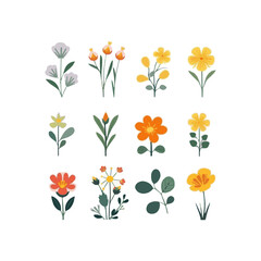 Flower collection with leaves, floral bouquets. Vector flowers. Spring art print with botanical elements. Happy Easter. Folk style. Posters for the spring holiday. icons isolated on white background.