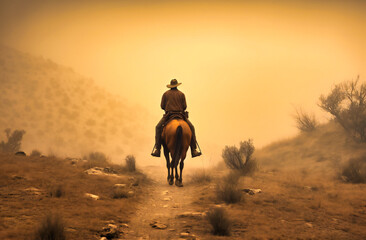 Beneath the open sky, a cowboy astride his horse a portrait of classic Americana, where rider and steed become one. - obrazy, fototapety, plakaty