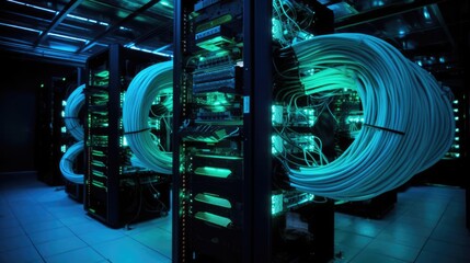 Big database servers room connection with Fiber optic cable internet