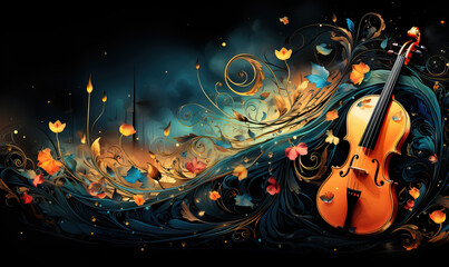Abstract colorful musical background with notes, instruments.