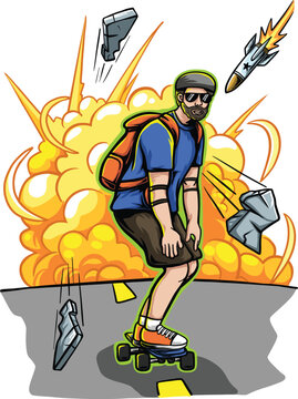 Skateboarding. Young man playing Skateboard in the street with a bomb exploding effect on the background. Vector cartoon comic style. for t shirt design, printing, poster, comic