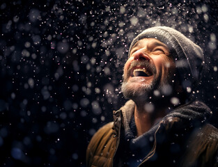 Happy man in a serene Snowfall. Concept of joy, winter and happy mood. Catching snowflakes with your tongue. Shallow field of view with copy space.