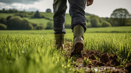 A farmer walks across a green field in welly boots