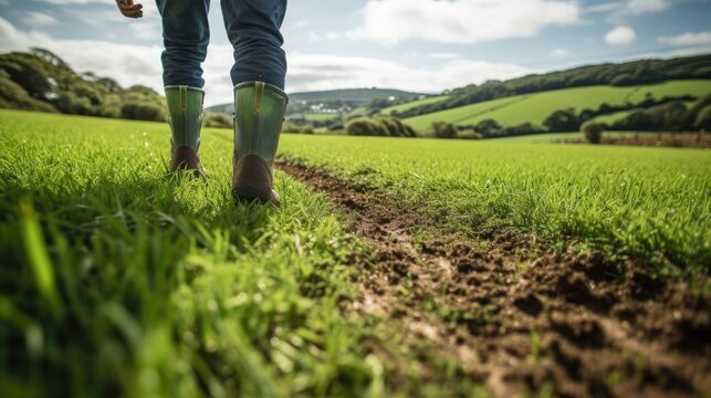 A farmer walks across a green field in welly boots