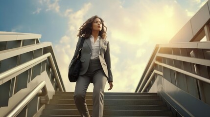 Ambitious businesswoman in suit climbing the stairs to success concept of career path success