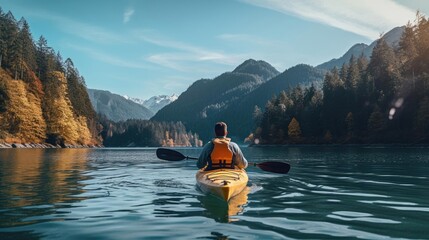 Back side view of man Kayaking in lake