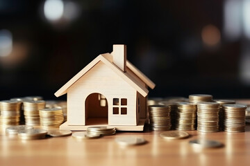 View of stack of coins with house model, housing savings plans, financial concept, real estate mortgage purchase with loan money bank concept. Property tax concept. Rental of property.