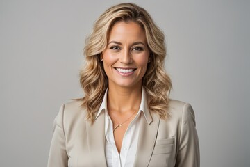 Fototapeta premium Studio portrait of smiling positive business woman on white background