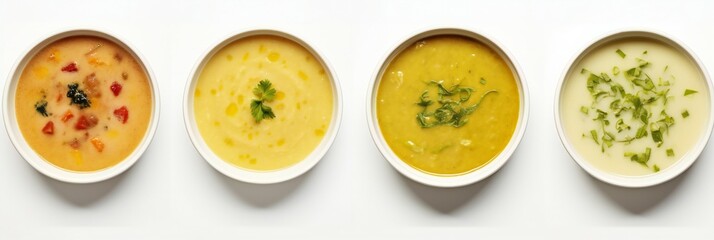 Colored vegetable cream soups. Assortment of vegetarian soups in a line on a white background. The concept of organic food. Top view, banner. Generative ai