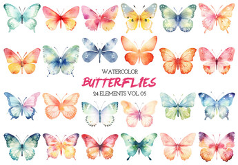 Watercolor painted butterflies clipart. Hand drawn design elements isolated on white background.