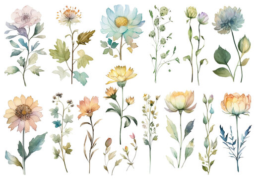Watercolor painted flowers. Hand drawn flower design elements isolated on white background.