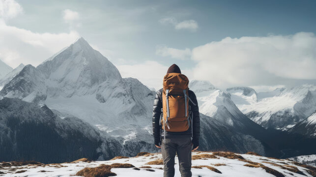 Back view of a man with backpack stand in front of high mountain cover with snow