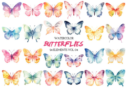 Watercolor painted butterflies clipart. Hand drawn design elements isolated on white background.