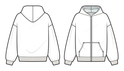 Zip-Up Hoodie fashion flat technical drawing template. Zip-Up Hoodie technical fashion illustration. front and back view. oversized. drop shoulder. unisex. white color. CAD mockup.