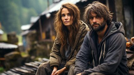 Fototapeta premium A man and a woman in outerwear on a cloudy fall day, the concept of depression and loss of meaning in life