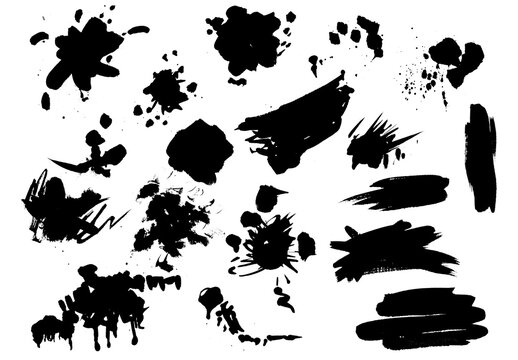Watercolor painted black splatters. Hand drawn design elements isolated on white background.