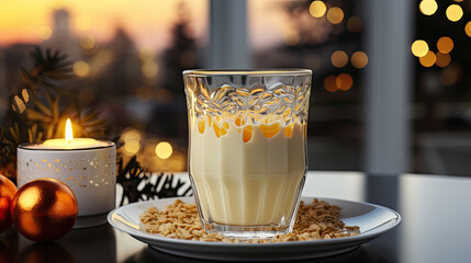 Glass mug of pumpkin spice late or eggnog in a festive, cozy and winter Christmas atmosphere. Home feeling mood.