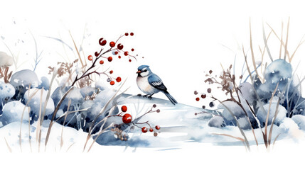 winter watercolor illustration with a bird