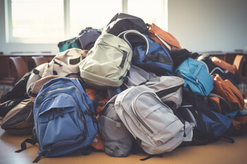 A mountain of student backpacks placed on top of each other, disorganized, within a classroom in a school.back to school concept