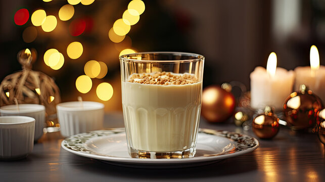 Glass mug of pumpkin spice late or eggnog in a festive, cozy and winter Christmas atmosphere. Home feeling mood.