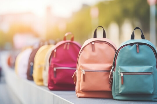 Multiple Colorful Backpacks Of Students Lined Up At The Entrance Of An Educational Institution, Ready For The Start Of A New School Year. Back To School Concept