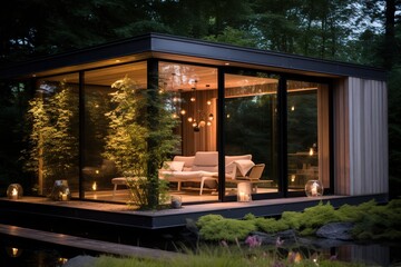 Wooden summer house with panoramic windows in the forest