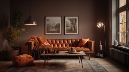 Interior of modern cozy living room in gray and terracotta tones. Leather Chester sofa with pillows, coffee table, trendy floor lamp, poster on the wall, large window, modern home decor. 3D rendering.