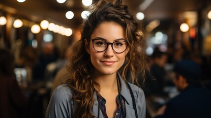 Young Smiling Women with Curly Hair Enjoying Their Work in a Vibrant Office Environment, Happiness at Work
