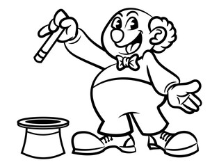 Cartoon illustration of a Funny Clown showing a tricks with magic wand and hat at the preschool. Best for outline, logo, mascot, and coloring book with circus themes for kids