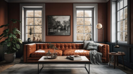 Obraz premium Interior of modern cozy living room in gray and terracotta tones. Leather Chester sofa with pillows, coffee table, trendy floor lamp, poster on the wall, large window, modern home decor. 3D rendering.
