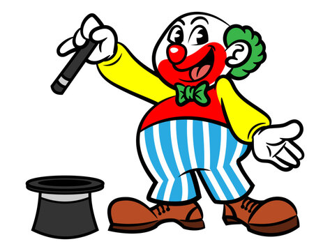 Cartoon illustration of a Funny Clown showing a tricks with magic wand and hat at the preschool. Best for sticker, logo, and mascot with circus themes for kids