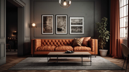 Interior of modern cozy living room in gray and terracotta tones. Leather Chester sofa with pillows, coffee table, trendy floor lamp, poster on the wall, large window, modern home decor. 3D rendering.