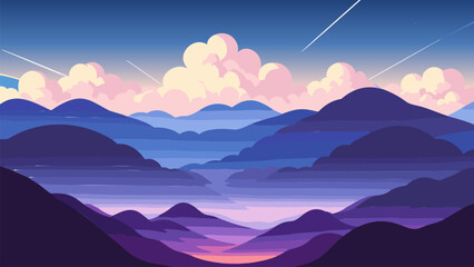 Fototapeta na wymiar Landscape with mountains and a sky with clouds and stars in the background, with a pink and blue hue, colorful flat surreal design, vector art. Cartoon anime background.
