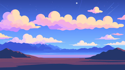 Painting of a mountain range with a lake and clouds in the background and a bird flying in the sky, plain background, a matte painting, space art. Cartoon anime background.