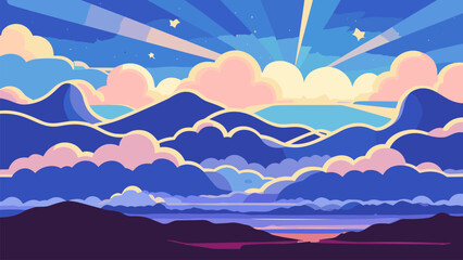 Painting of a mountain range with clouds and stars in the sky above it and a blue sky with a few clouds, colorful clouds, a matte painting, space art. Cartoon anime background.