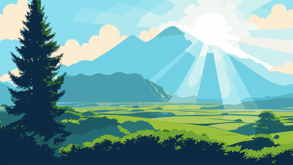 Painting of a mountain scene with a sunbeam in the sky and a tree in the foreground, landscape, a matte painting. Cartoon anime background.