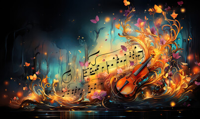 Abstract colorful musical background with notes, instruments.