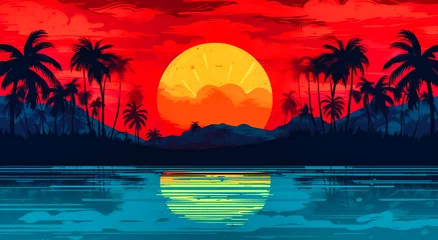 Fotobehang The tropical backdrop transforms under a vivid sunset, creating a mesmerizing scene that paints the sky and landscape in enchanting hues. © Taslima