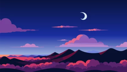 Fototapeten Night scene with a moon and clouds in the sky above mountains and hills with a crescent in the sky, Amir Zand, night sky, a matte painting, space art. Cartoon anime background. Vector illustration. © Ray Morel