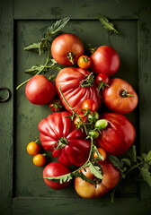 Freshly harvested organic tomatoes on rustic wooden background. Homegrown vegetables. Top view - 639885615