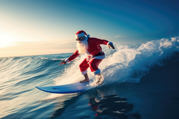 Santa Claus surfing in the blue sea